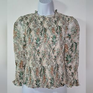 Veronica Beard Kali Smocked Cotton Puff 3/4 Sleeve Top Stone Multi Size 2